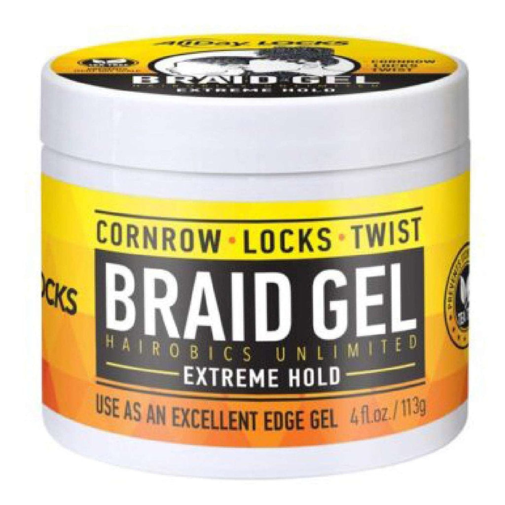 Jar of Braid Gel with yellow and black label on a white background