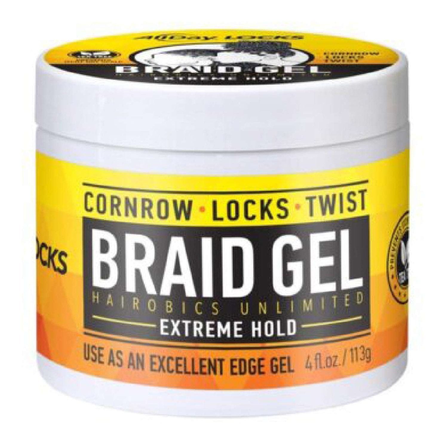 Jar of Braid Gel with yellow and black label on a white background